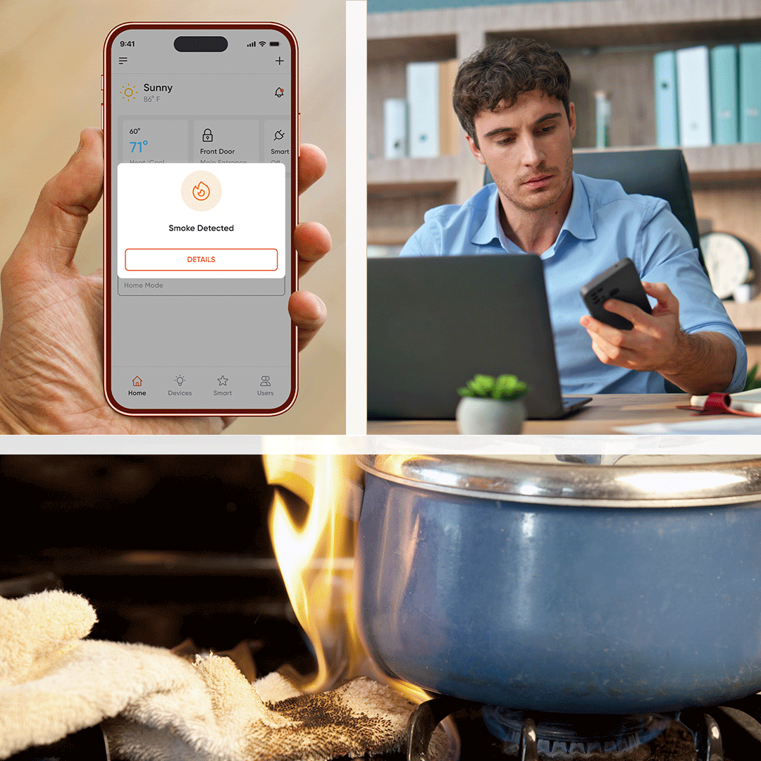 V3-Property-Manager-Sees-Fire-Alert-on-Mobile Property manager looking at a smart fire prevention alert on his phone that says smoke is detected