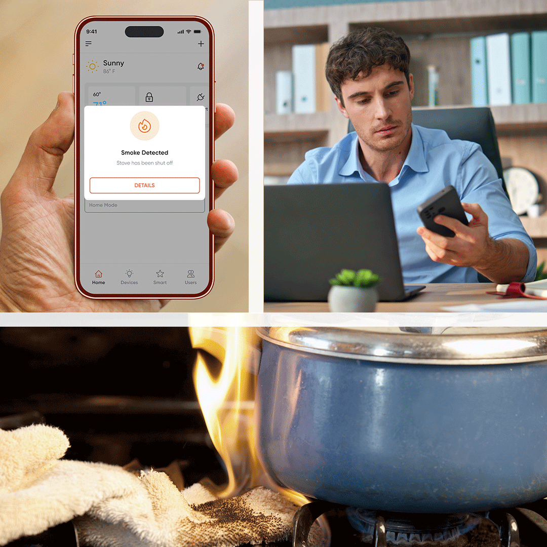 V4-Property-Manager-Sees-Fire-Alert-on-Mobile Property manager looking at a smart fire prevention alert on his phone that says smoke is detected